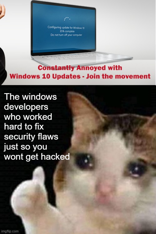 update your computer | The windows developers who worked hard to fix security flaws just so you wont get hacked | image tagged in sad thumbs up cat,computer,computers | made w/ Imgflip meme maker