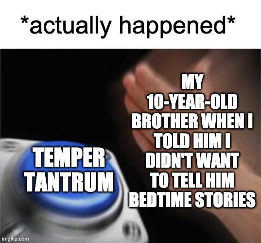 why? | *actually happened*; MY 10-YEAR-OLD BROTHER WHEN I TOLD HIM I DIDN'T WANT TO TELL HIM BEDTIME STORIES; TEMPER TANTRUM | image tagged in memes,blank nut button | made w/ Imgflip meme maker