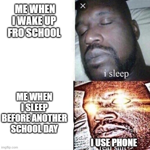 yes | ME WHEN I WAKE UP FRO SCHOOL; ME WHEN I SLEEP BEFORE ANOTHER SCHOOL DAY; I USE PHONE | image tagged in shaq sleeping | made w/ Imgflip meme maker