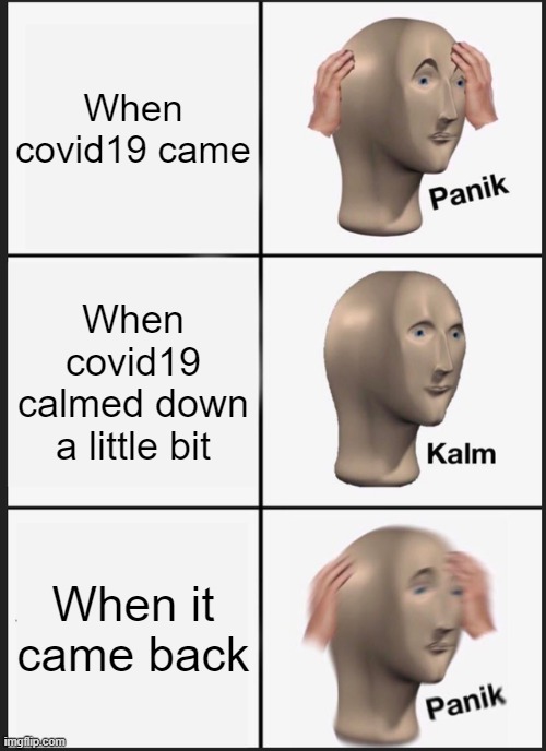 when the covid19 came | When covid19 came; When covid19 calmed down a little bit; When it came back | image tagged in memes,panik kalm panik | made w/ Imgflip meme maker