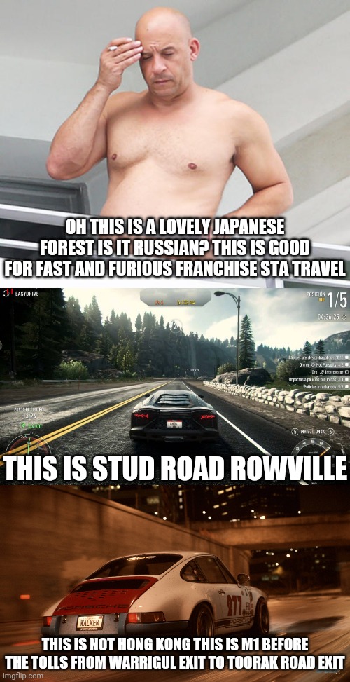 WHO GOT ITALIA MAFIA SCAMMED BY STA TRAVEL MY F*CKEN MENTAL FAMILY WONT STOP SAYING THEY WANT TO TRAVEL TO JAPAN AGAIN | OH THIS IS A LOVELY JAPANESE FOREST IS IT RUSSIAN? THIS IS GOOD FOR FAST AND FURIOUS FRANCHISE STA TRAVEL; THIS IS STUD ROAD ROWVILLE; THIS IS NOT HONG KONG THIS IS M1 BEFORE THE TOLLS FROM WARRIGUL EXIT TO TOORAK ROAD EXIT | image tagged in vin diesel | made w/ Imgflip meme maker
