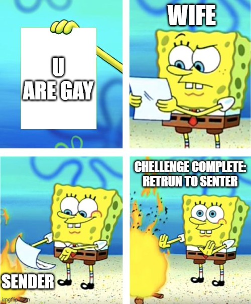 what | WIFE; U ARE GAY; CHELLENGE COMPLETE: RETRUN TO SENTER; SENDER | image tagged in spongebob burning paper | made w/ Imgflip meme maker