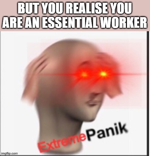 Extreme panik | BUT YOU REALISE YOU ARE AN ESSENTIAL WORKER | image tagged in extreme panik | made w/ Imgflip meme maker