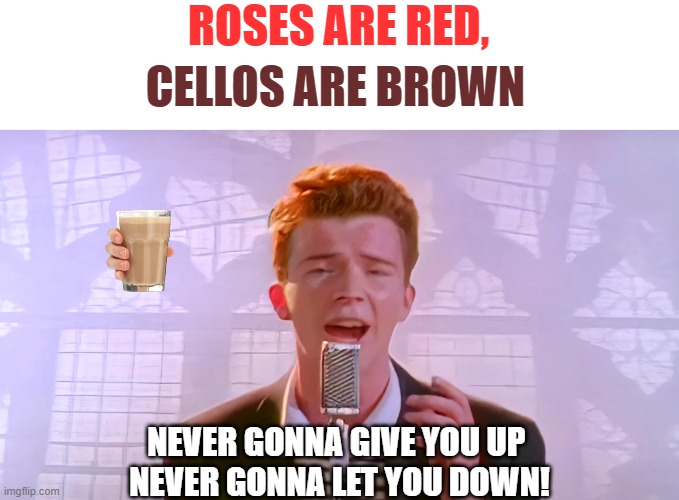 You got RickRolled | ROSES ARE RED, CELLOS ARE BROWN; NEVER GONNA GIVE YOU UP 
NEVER GONNA LET YOU DOWN! | image tagged in funny,fun,memes,rick astley,never gonna give you up | made w/ Imgflip meme maker