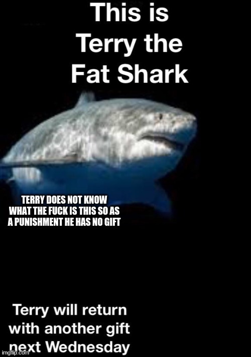 Terry the Fat Shark is back! | TERRY DOES NOT KNOW WHAT THE FUCK IS THIS SO AS A PUNISHMENT HE HAS NO GIFT | image tagged in terry the fat shark is back | made w/ Imgflip meme maker