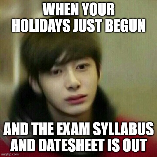 ;-; | WHEN YOUR HOLIDAYS JUST BEGUN; AND THE EXAM SYLLABUS AND DATESHEET IS OUT | image tagged in kpop hyungwon monsta x,funny,lol,exams,school | made w/ Imgflip meme maker