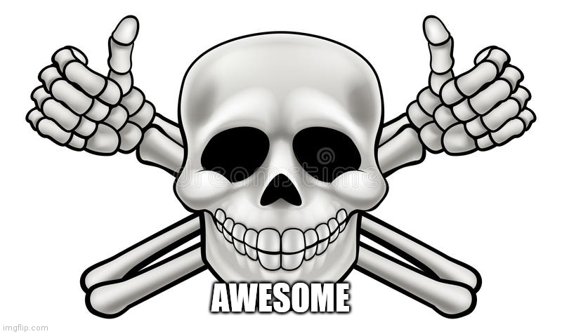 THUMBS UP SKULL AND CROSS BONES | AWESOME | image tagged in thumbs up skull and cross bones | made w/ Imgflip meme maker