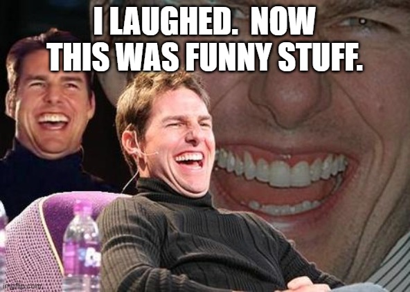 Tom Cruise laugh | I LAUGHED.  NOW THIS WAS FUNNY STUFF. | image tagged in tom cruise laugh | made w/ Imgflip meme maker