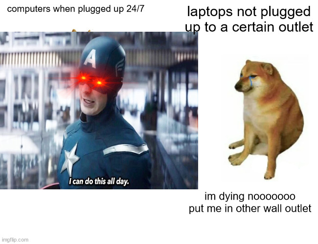 computers when plugged up 24/7; laptops not plugged up to a certain outlet; im dying nooooooo put me in other wall outlet | image tagged in buff doge vs cheems | made w/ Imgflip meme maker