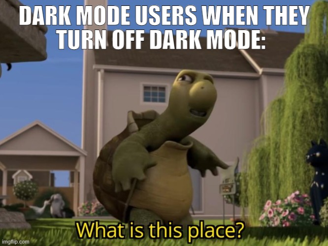 Its true you know... | TURN OFF DARK MODE:; DARK MODE USERS WHEN THEY | image tagged in what is this place | made w/ Imgflip meme maker