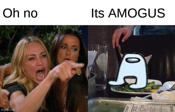 Woman Yelling At Cat | Oh no; Its AMOGUS | image tagged in memes,woman yelling at cat | made w/ Imgflip meme maker