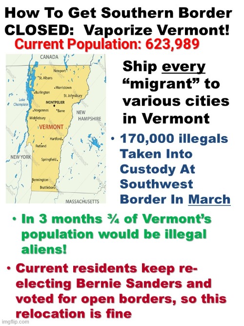 How to Get Southern Border Closed:  Vaporize Vermont | image tagged in bernie sanders,liberals,vermont,democrats,illegal aliens,biden | made w/ Imgflip meme maker