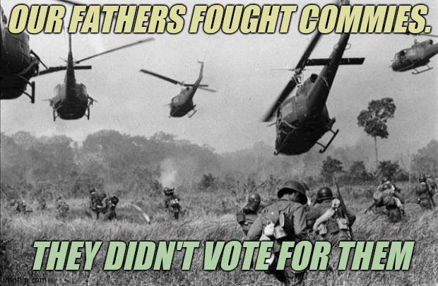 Or make excuses for them | OUR FATHERS FOUGHT COMMIES. THEY DIDN'T VOTE FOR THEM | image tagged in vietnam,communism,biden grooms children,korea | made w/ Imgflip meme maker