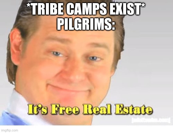At least that’s how the public education system tells it... | *TRIBE CAMPS EXIST*
PILGRIMS: | image tagged in it's free real estate,funny memes,pilgrims,tribe camps,public education,maybe the indians attacked first | made w/ Imgflip meme maker