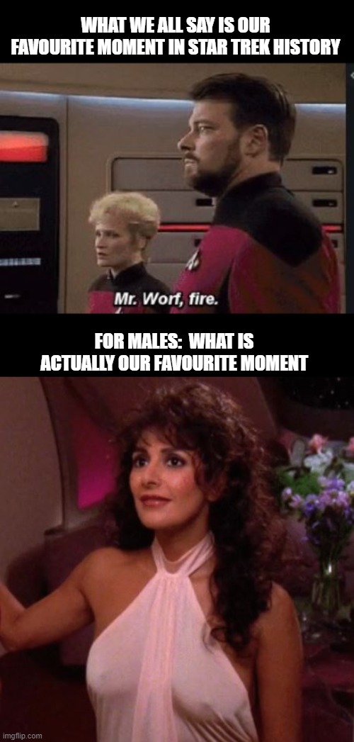 troi |  WHAT WE ALL SAY IS OUR FAVOURITE MOMENT IN STAR TREK HISTORY; FOR MALES:  WHAT IS ACTUALLY OUR FAVOURITE MOMENT | image tagged in counseling | made w/ Imgflip meme maker