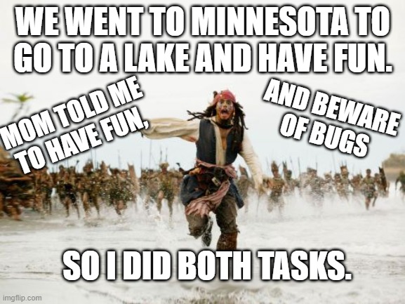 easy. | WE WENT TO MINNESOTA TO GO TO A LAKE AND HAVE FUN. AND BEWARE OF BUGS; MOM TOLD ME TO HAVE FUN, SO I DID BOTH TASKS. | image tagged in memes,jack sparrow being chased,lake,minnesota,have fun | made w/ Imgflip meme maker
