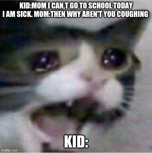 crying cat | KID:MOM I CAN,T GO TO SCHOOL TODAY I AM SICK. MOM:THEN WHY AREN'T YOU COUGHING; KID: | image tagged in crying cat | made w/ Imgflip meme maker