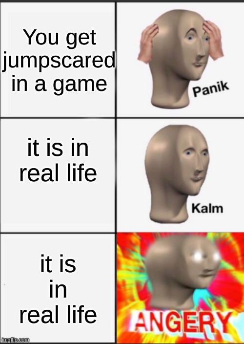 Panik Kalm Angery | You get jumpscared in a game; it is in real life; it is in real life | image tagged in panik kalm angery | made w/ Imgflip meme maker