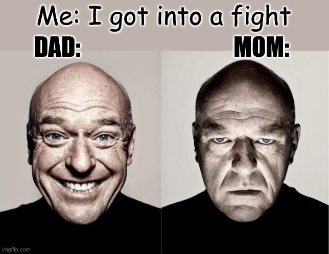 Hank |  Me: I got into a fight; DAD:                                  MOM: | image tagged in hank,dad,mom,funny memes | made w/ Imgflip meme maker