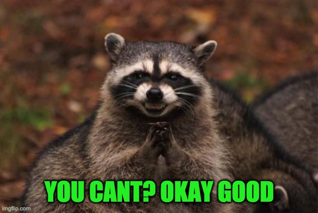 evil genius racoon | YOU CANT? OKAY GOOD | image tagged in evil genius racoon | made w/ Imgflip meme maker