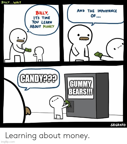 Always buy the gummy bears | CANDY??? GUMMY BEARS!!! | image tagged in billy learning about money | made w/ Imgflip meme maker