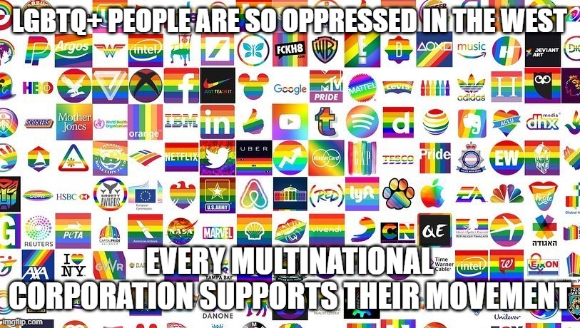 Gays are sooooo oppressed in the west | LGBTQ+ PEOPLE ARE SO OPPRESSED IN THE WEST; EVERY MULTINATIONAL CORPORATION SUPPORTS THEIR MOVEMENT | image tagged in lgbtq,sjw,liberal hypocrisy,gay pride | made w/ Imgflip meme maker
