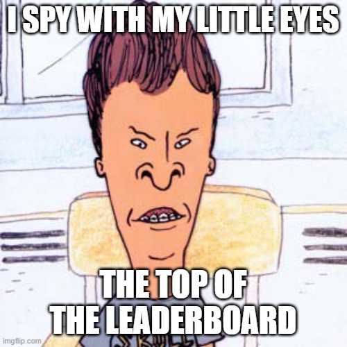 Butthead | I SPY WITH MY LITTLE EYES THE TOP OF THE LEADERBOARD | image tagged in butthead | made w/ Imgflip meme maker