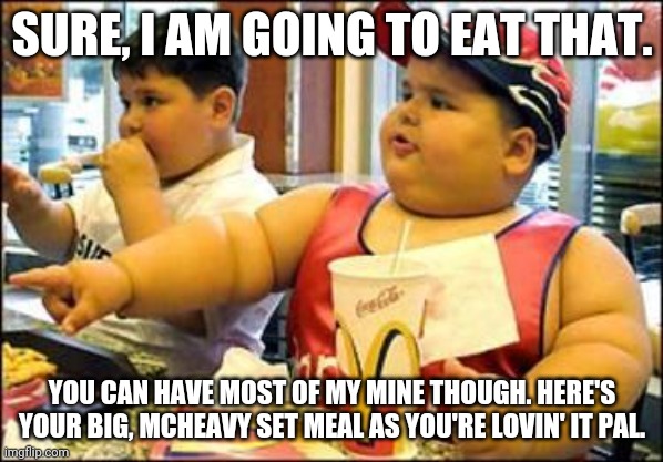 McDonald's meal | SURE, I AM GOING TO EAT THAT. YOU CAN HAVE MOST OF MY MINE THOUGH. HERE'S YOUR BIG, MCHEAVY SET MEAL AS YOU'RE LOVIN' IT PAL. | image tagged in food,mcdonald's,mcdonalds,memes,comment,comment section | made w/ Imgflip meme maker