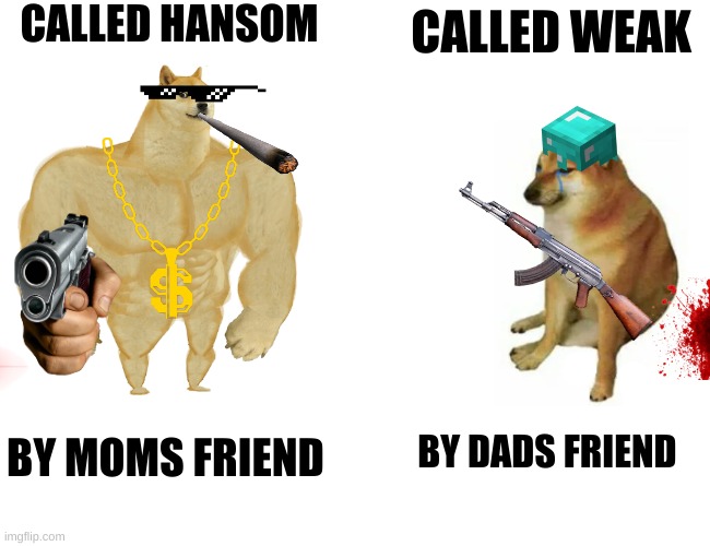 Buff Doge vs. Cheems | CALLED HANSOM; CALLED WEAK; BY DADS FRIEND; BY MOMS FRIEND | image tagged in memes,buff doge vs cheems | made w/ Imgflip meme maker