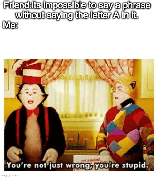 My first meme enjoy | Friend:its impossible to say a phrase without saying the letter A in it.
Me: | image tagged in you're not just wrong your stupid | made w/ Imgflip meme maker