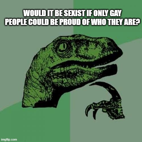 *nelson laugh* | WOULD IT BE SEXIST IF ONLY GAY PEOPLE COULD BE PROUD OF WHO THEY ARE? | image tagged in memes,philosoraptor | made w/ Imgflip meme maker