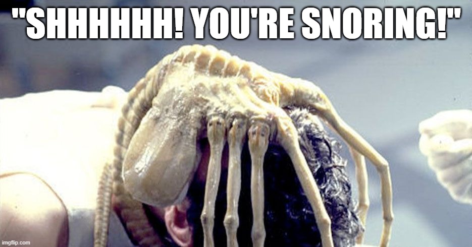 Funny 'Alien' face-hugger meme - "Shhhhh! You're snoring!" | "SHHHHHH! YOU'RE SNORING!" | image tagged in dark humor,alien,facehugger,funny meme,snoring,humor | made w/ Imgflip meme maker