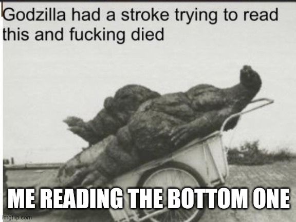 Godzilla | ME READING THE BOTTOM ONE | image tagged in godzilla | made w/ Imgflip meme maker