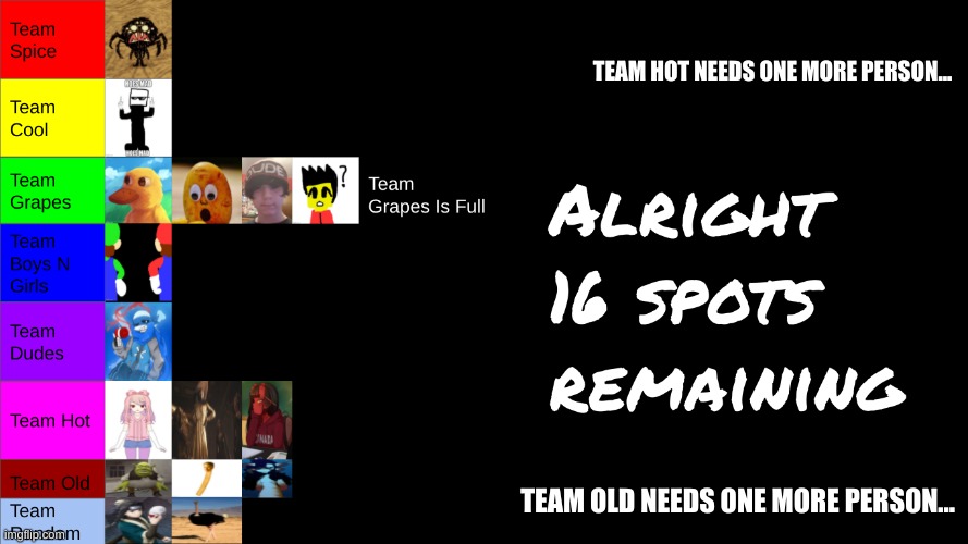 Comment! | TEAM HOT NEEDS ONE MORE PERSON... TEAM OLD NEEDS ONE MORE PERSON... | made w/ Imgflip meme maker
