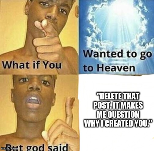 when you post something you really wish you didn't. | "DELETE THAT POST. IT MAKES ME QUESTION WHY I CREATED YOU." | image tagged in what if you wanted to go to heaven,posts,social media,online,internet | made w/ Imgflip meme maker