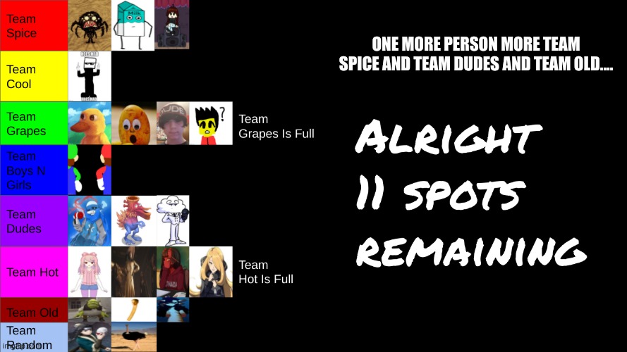 Comment Your Character Plz | ONE MORE PERSON MORE TEAM SPICE AND TEAM DUDES AND TEAM OLD.... | made w/ Imgflip meme maker