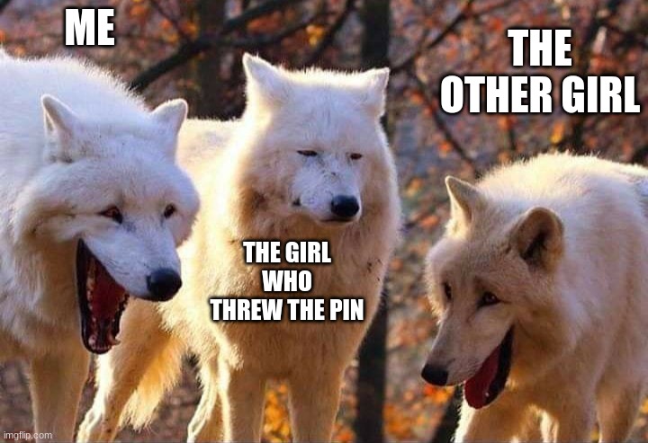 Laughing wolf | ME THE GIRL WHO THREW THE PIN THE OTHER GIRL | image tagged in laughing wolf | made w/ Imgflip meme maker