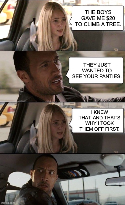 Smart! | THE BOYS GAVE ME $20 TO CLIMB A TREE. THEY JUST WANTED TO SEE YOUR PANTIES. I KNEW THAT, AND THAT’S WHY I TOOK THEM OFF FIRST. | image tagged in the rock driving - middle bright,memes,the rock driving | made w/ Imgflip meme maker