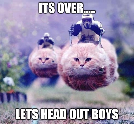 it is...officially over | ITS OVER..... LETS HEAD OUT BOYS | image tagged in storm trooper cats | made w/ Imgflip meme maker