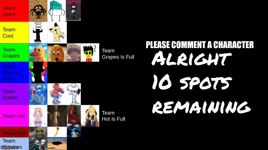 PLEASE COMMENT A CHARACTER | made w/ Imgflip meme maker