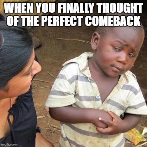 funny | WHEN YOU FINALLY THOUGHT OF THE PERFECT COMEBACK | image tagged in memes,third world skeptical kid | made w/ Imgflip meme maker