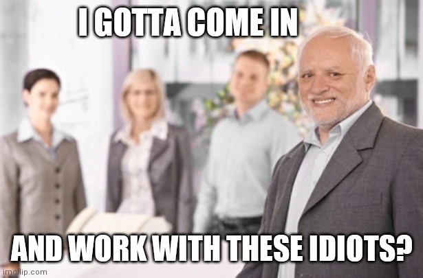 JUST PRETEND YOUR HAVING A GOOD DAY | I GOTTA COME IN; AND WORK WITH THESE IDIOTS? | image tagged in work,work sucks,hide the pain harold,harold | made w/ Imgflip meme maker