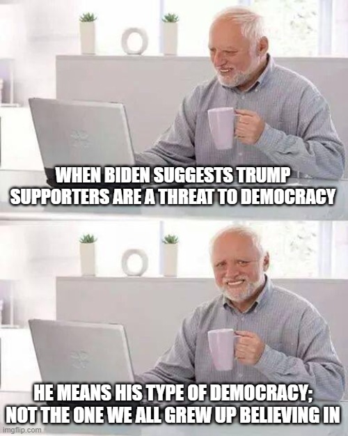Them vs. Us | WHEN BIDEN SUGGESTS TRUMP SUPPORTERS ARE A THREAT TO DEMOCRACY; HE MEANS HIS TYPE OF DEMOCRACY; NOT THE ONE WE ALL GREW UP BELIEVING IN | image tagged in memes,hide the pain harold | made w/ Imgflip meme maker