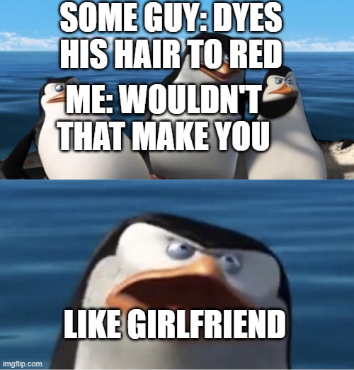 Wouldn't that make you | SOME GUY: DYES HIS HAIR TO RED; ME: WOULDN'T THAT MAKE YOU; LIKE GIRLFRIEND | image tagged in wouldn't that make you | made w/ Imgflip meme maker