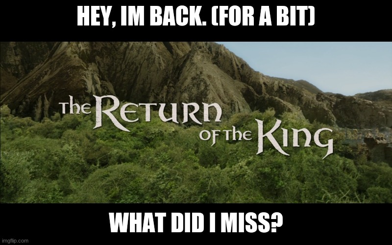 Hi. | HEY, IM BACK. (FOR A BIT); WHAT DID I MISS? | image tagged in return of the king | made w/ Imgflip meme maker