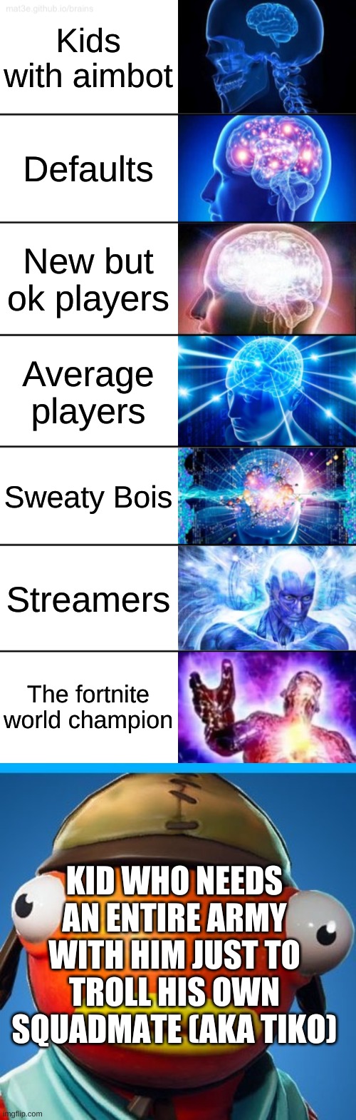  Kids with aimbot; Defaults; New but ok players; Average players; Sweaty Bois; Streamers; The fortnite world champion; KID WHO NEEDS AN ENTIRE ARMY WITH HIM JUST TO TROLL HIS OWN SQUADMATE (AKA TIKO) | image tagged in 7-tier expanding brain,fishstick | made w/ Imgflip meme maker