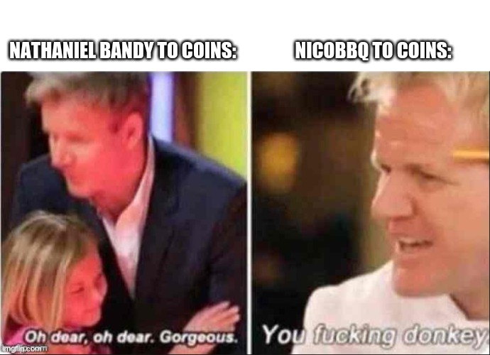 Oh Dear Oh Dear Gorgeous | NATHANIEL BANDY TO COINS:; NICOBBQ TO COINS: | image tagged in oh dear oh dear gorgeous,coins | made w/ Imgflip meme maker