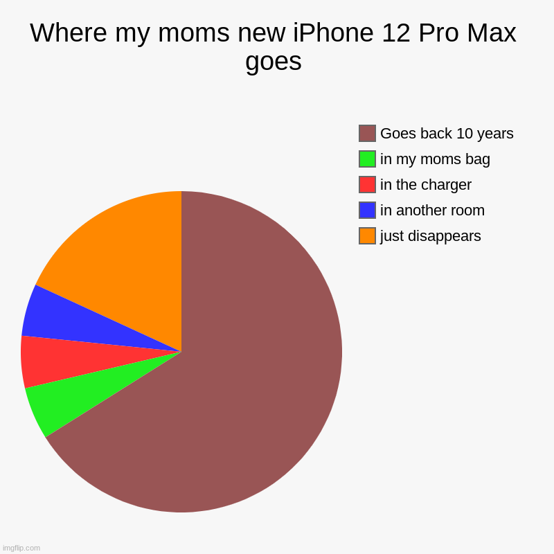 E | Where my moms new iPhone 12 Pro Max goes | just disappears, in another room, in the charger, in my moms bag, Goes back 10 years | image tagged in charts,pie charts | made w/ Imgflip chart maker
