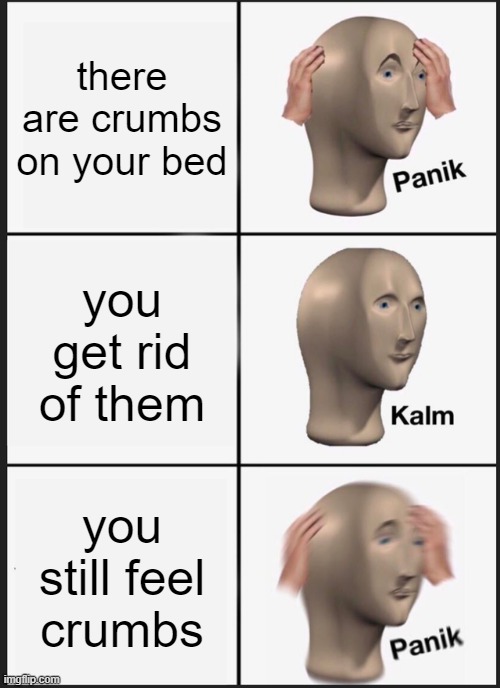 Bed Crumbs | there are crumbs on your bed; you get rid of them; you still feel crumbs | image tagged in memes,panik kalm panik | made w/ Imgflip meme maker