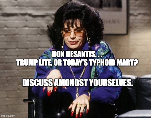 Typhoid Ron DeSantis |  RON DESANTIS. . .

TRUMP LITE, OR TODAY'S TYPHOID MARY? DISCUSS AMONGST YOURSELVES. | image tagged in mike meyers,typhoid ron desanti,typhoid mary,bobcrespodotcom | made w/ Imgflip meme maker